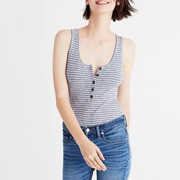 Madewell Striped Bodysuit in Blue and White - Picture 1 of 7